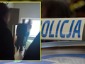 Zdjęcie przedstawia osobę w czerni oraz napis „POLICJA” na niebieskim tle.