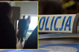 Zdjęcie przedstawia osobę w czerni oraz napis „POLICJA” na niebieskim tle.