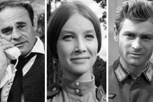 Trzy czarno-białe zdjęcia: mężczyzna z telefonem, młoda kobieta w mundurze, mężczyzna z wojskowym kołnierzem.