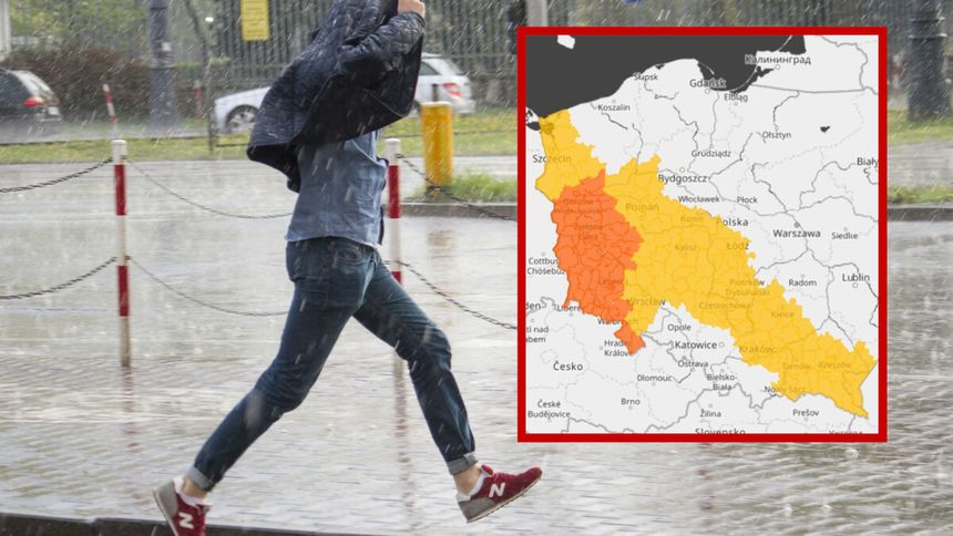Mężczyzna biegnący w deszczu, trzymający płaszcz na głowie. W tle mapa z prognozą pogody.