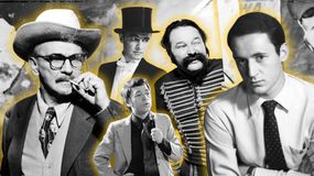 Zbiór czarno-białych portretów mężczyzn w różnych strojach i stylach z przeszłości.