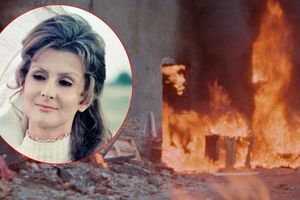 Kobieta z parasolką na tle płonącego budynku. Okrągłe zdjęcie z jej twarzą w rogu.