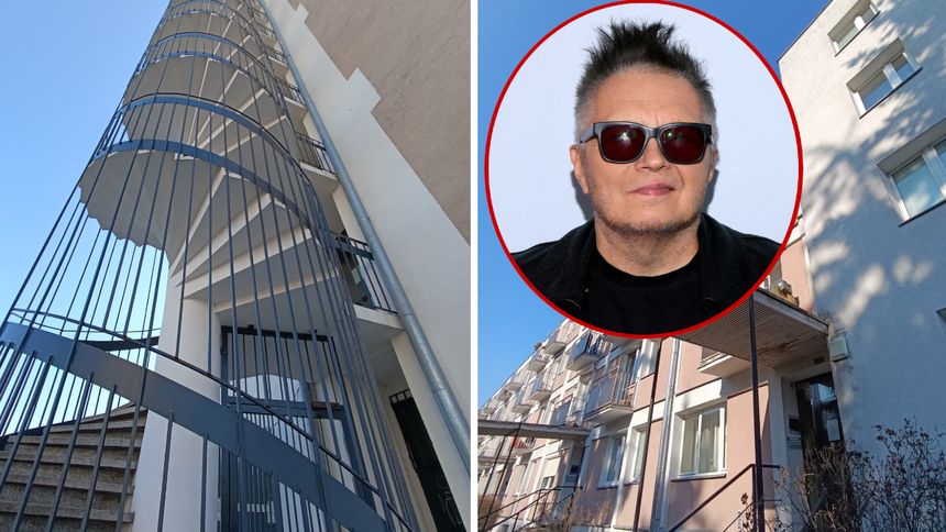 Budynek z spiralnymi schodami, w kółku zdjęcie mężczyzny w okularach przeciwsłonecznych.