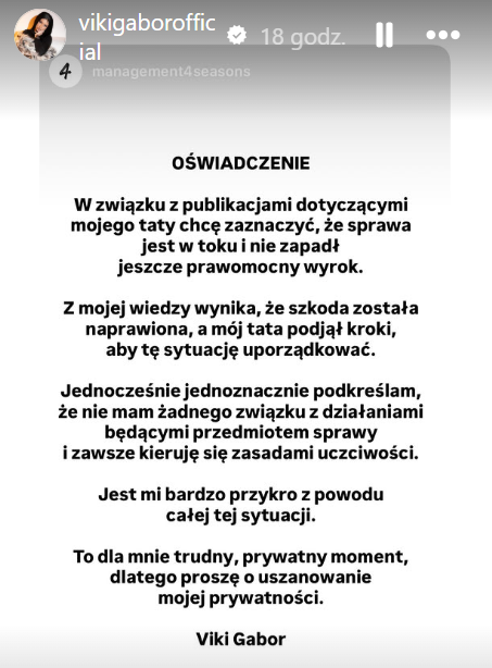 Ojca Viki Gabor aresztowano. Wydała oświadczenie