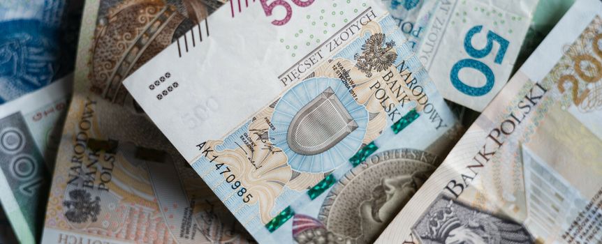 Na zdjęciu widać różne nominały polskich banknotów, w tym 500 zł, 200 zł, 100 zł i 50 zł.