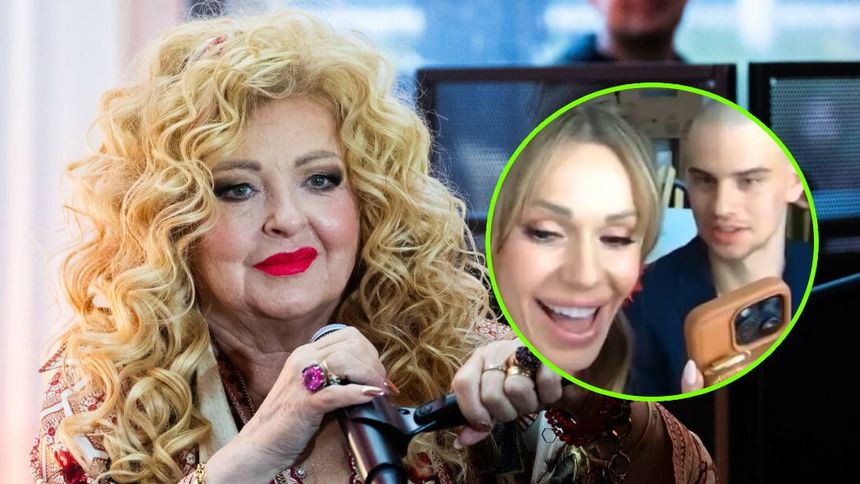 Na zdjęciu Magda Gessler z obfitymi, falowanymi włosami i mikrofonem.