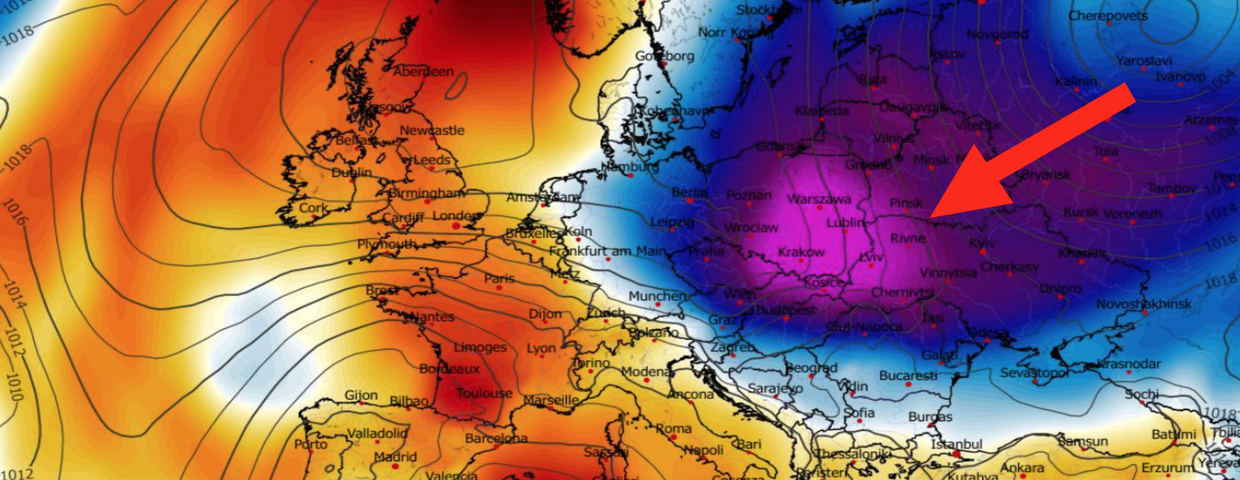 Anomalia temperatury mierzona na poziomie ciśnienia 850 hPa 29.04