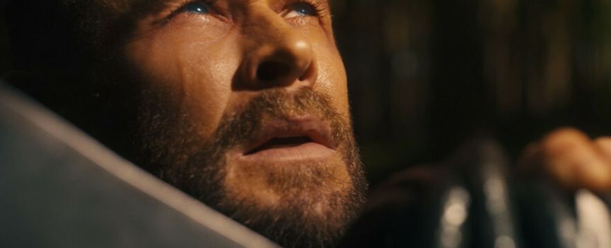 Mężczyzna z brodą patrzy w górę, w tle nieostre drzewo, wyraz twarzy napięty.