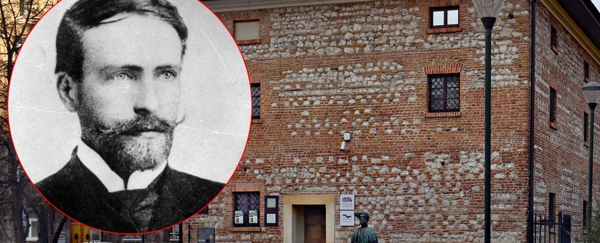 Na zdjęciu widać budynek z czerwonej cegły i popielatej kamiennej ściany oraz portret mężczyzny.