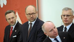  Od lewej: szef Kancelarii Prezydenta RP Zbigniew Bogucki , szef Biura Polityki Miedzynarodowej KPRP Marcin Przydacz, sekretarz stanu w KPRP Wojciech Kolarski i szef BBN Slawomir Cenckiewicz
