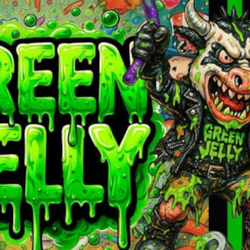 Grafika przedstawia wyrazisty motyw: stwór z rogami w skórzanej kurtce trzymający zielony żel.