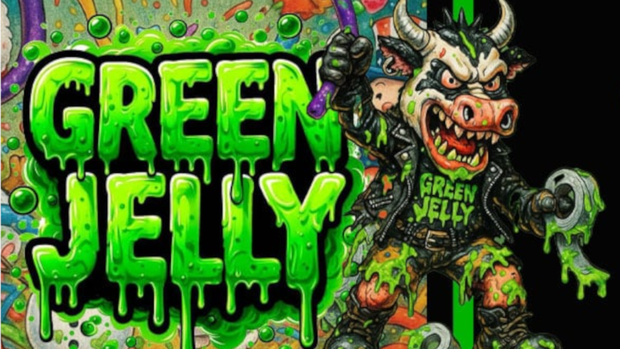 Grafika przedstawia wyrazisty motyw: stwór z rogami w skórzanej kurtce trzymający zielony żel.