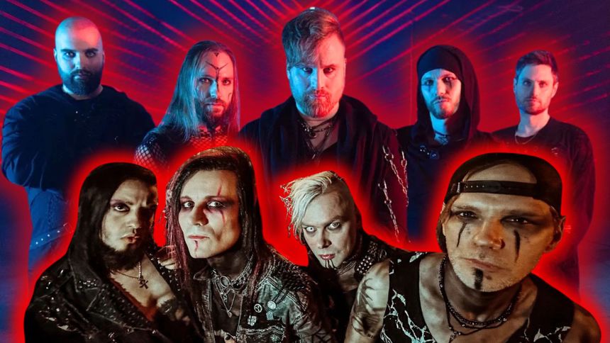 Grupa mężczyzn w odważnych strojach, zdjęcie w klimacie rockowym i neonowym tle.