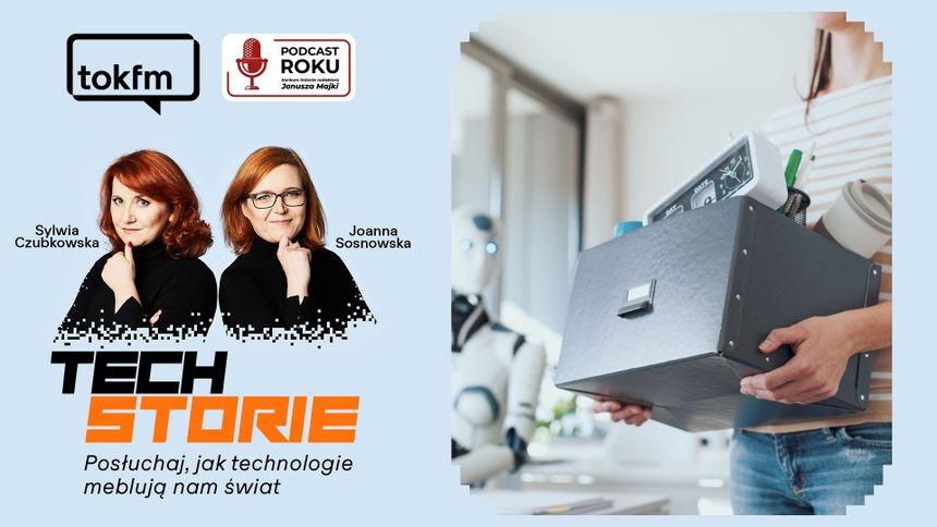 Dwie kobiety w czerni. Na planszy obok: kobieta trzymająca pudełko; obok robot patrzy. 