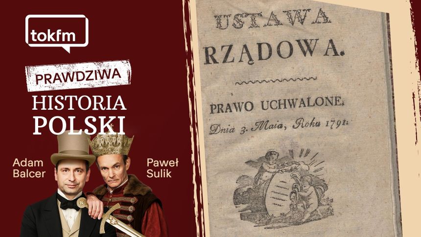 Na zdjęciu dwa mężczyzn w historycznych strojach przy księdze z napisem 