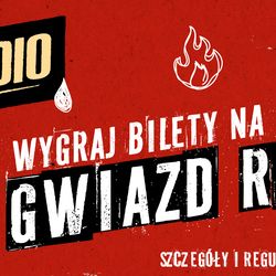 Grafika promująca konkurs Antyradia na bilety na koncerty gwiazd rocka. Czerwone tło, teksty w różnych fontach.