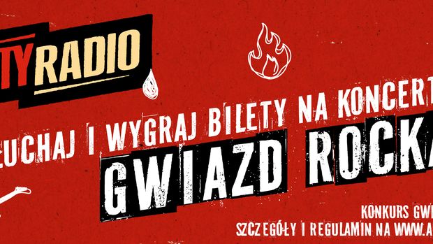 Grafika promująca konkurs Antyradia na bilety na koncerty gwiazd rocka. Czerwone tło, teksty w różnych fontach.
