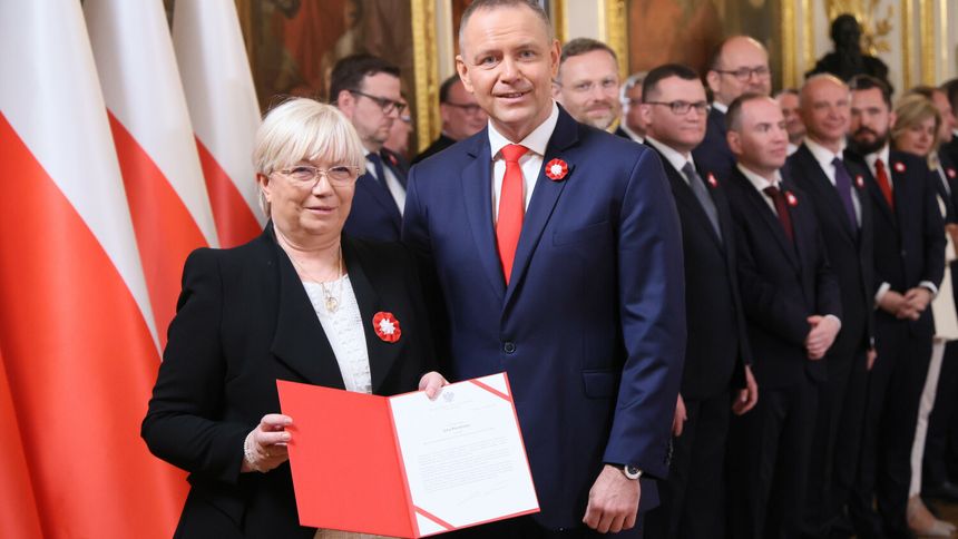 Julia Przyłębska i Karol Nawrocki podczas uroczystości powołania Rady Nowej Konstytucji