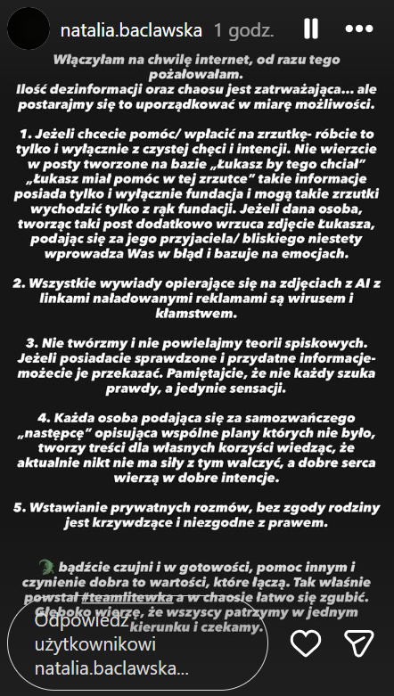Apel partnerki Łukasza Litewki