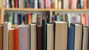 Zbliżenie na rząd zamkniętych książek w bibliotece, w tle nieczytelne powieści.