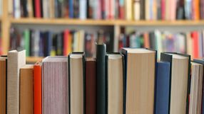 Zbliżenie na rząd zamkniętych książek w bibliotece, w tle nieczytelne powieści.