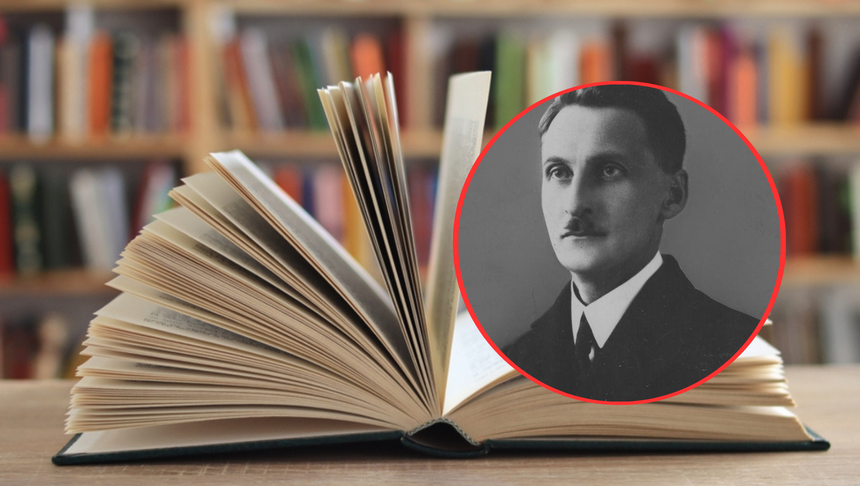 Otwarte książki na tle biblioteki, z portretem mężczyzny w okrągłym framudze.