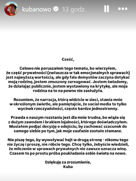 Kuba Nowosiński o rozstaniu z Marią Jeleniewską