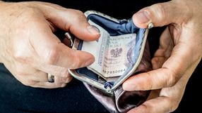 Otwarte etui na pieniądze, w środku widoczny banknot dwudziestozłotowy. Ręce trzymają etui.