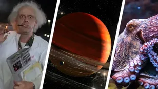 Obrazek przedstawia science fiction: postać w białym fartuchu, planeta i ośmiornica.