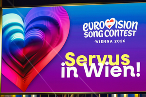 Plakat z logo Eurowizji 2026, kolorowe serce i napis 
