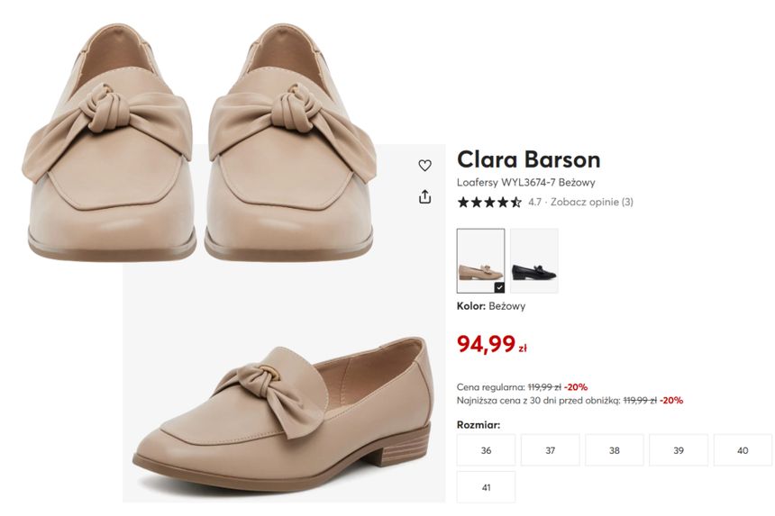Beżowe loafersy z kokardą, eleganckie i wygodne, dostępne w różnych rozmiarach i cenie 94,99 zł.