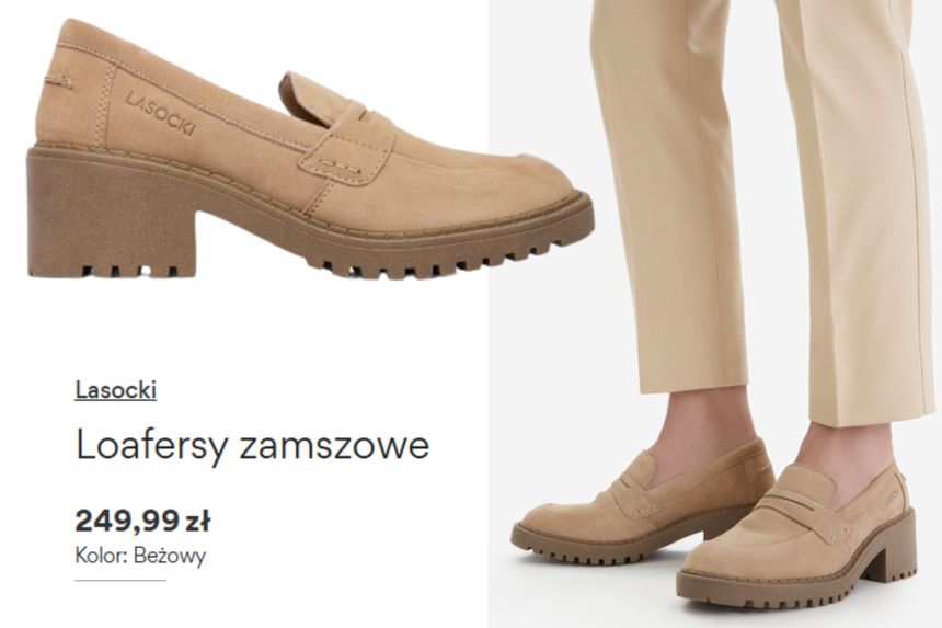 Loafery zamszowe w kolorze beżowym, z wysoką podeszwą, idealne na każdą okazję.