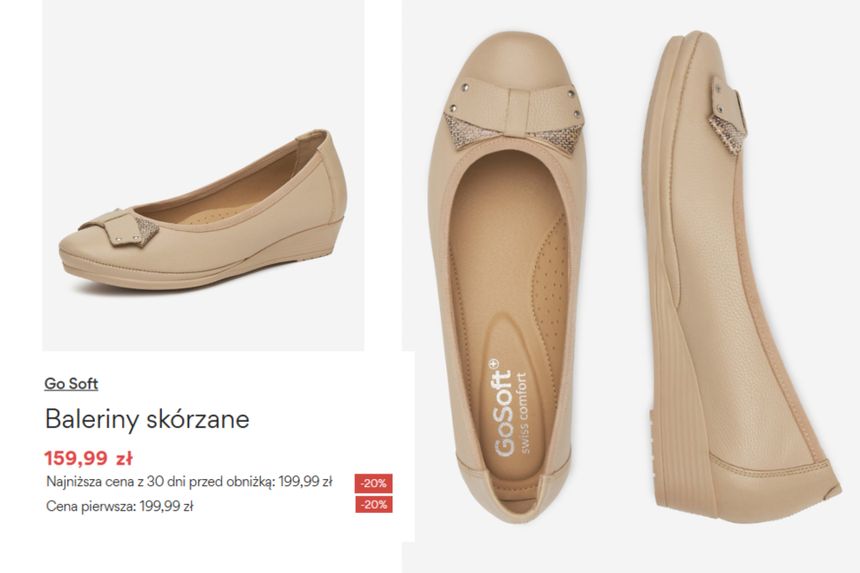 Beżowe baleriny skórzane z ozdobną kokardą. Cena: 159,99 zł.