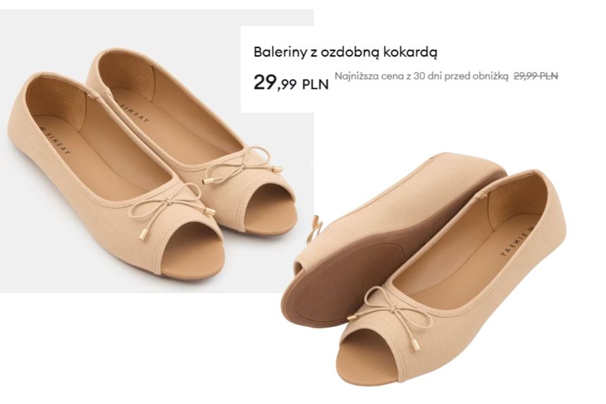 Beżowe baleriny z odkrytymi palcami i ozdobną kokardą. Cena: 29,99 PLN.