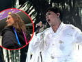 Kobieta w czarnej bluzie z identyfikatorem, obok artysta w białej kreacji śpiewający na scenie.