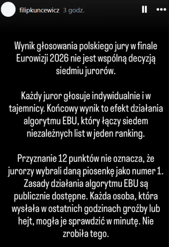 Filip Kuncewicz z polskiego jury na Eurowizji 2026 wydał oświadczenie ws. punktów dla Izraela
