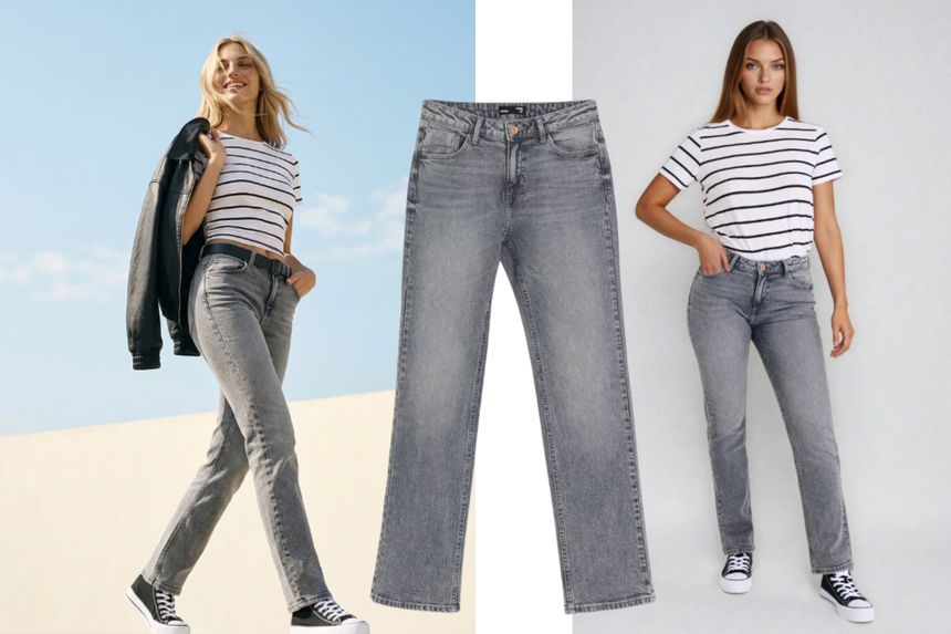Modelka w czarnej kurtce i pasiastym t-shircie, obok szare dżinsy na białym tle.
