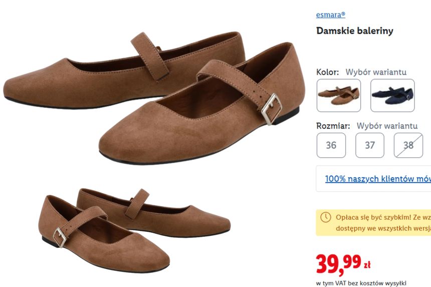 Brązowe baleriny damskie z paskiem na kostkę, dostępne w różnych rozmiarach. Cena: 39,99 zł.