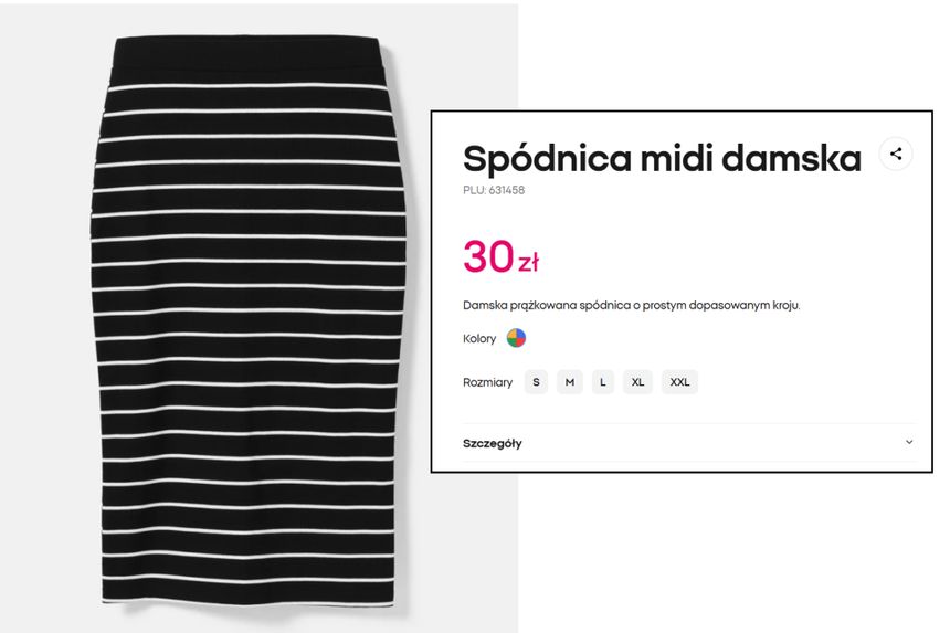 Spódnica midi damska w paski czarno-białe, prosty krój, cena 30 zł. Rozmiary S-XXL.