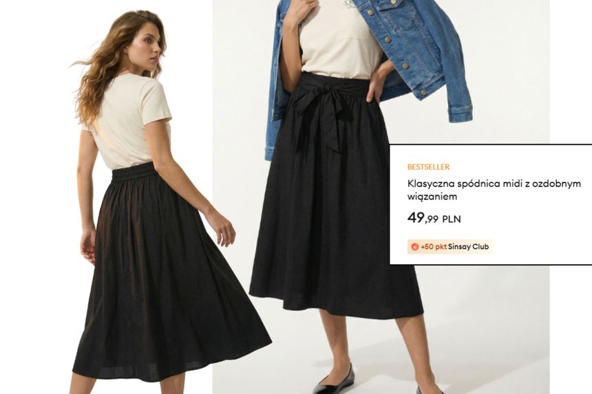 Stylizacja: kobieta z długą spódnicą midi i T-shirtem, w denimowej kurtce. Produkt - spódnica midi.