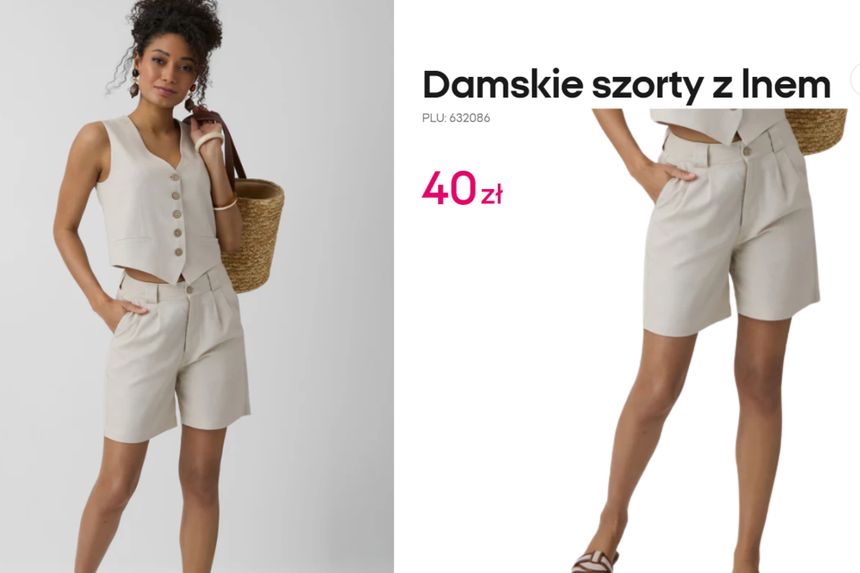 Stylowa kobieta w beżowym komplecie z szortami, trzyma koszyk. Ceny i szczegóły obok.