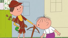 Ilustracja z kreskówki przedstawiająca dwóch chłopców: jeden w stroju łucznika, drugi z krótkimi włosami.