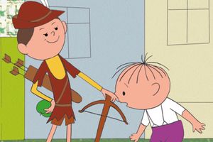 Ilustracja z kreskówki przedstawiająca dwóch chłopców: jeden w stroju łucznika, drugi z krótkimi włosami.
