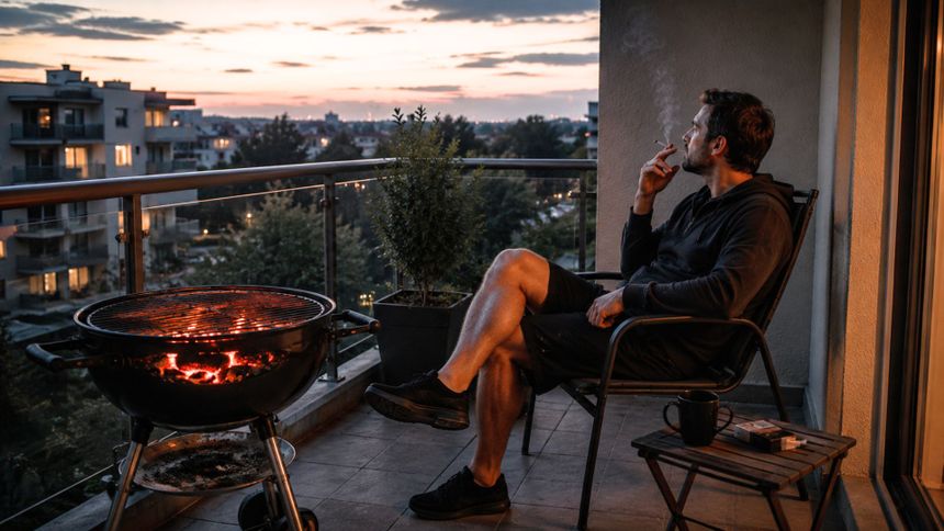 Mężczyzna w szarym dresie siedzi na balkonie, paląc papierosa, obok grill pod gołym niebem
