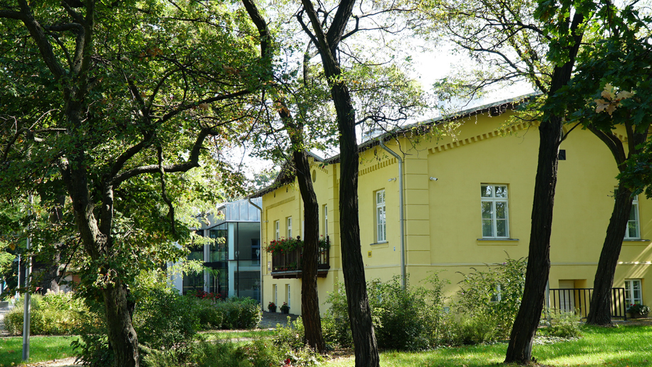 Zielony park z drzewami i żółtym budynkiem w tle, w słoneczny dzień.