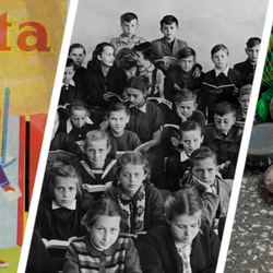 Mała poczta, klasa szkolna PRL, gra w kapsle - materiał poglądowy