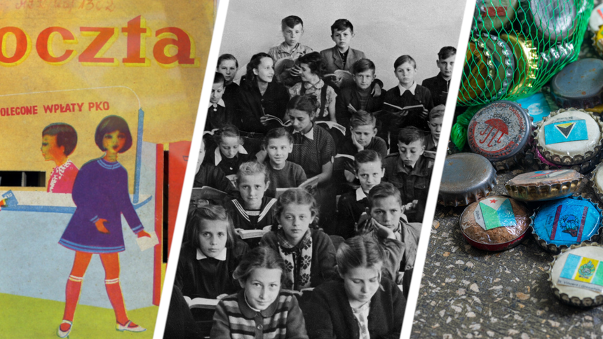Mała poczta, klasa szkolna PRL, gra w kapsle - materiał poglądowy