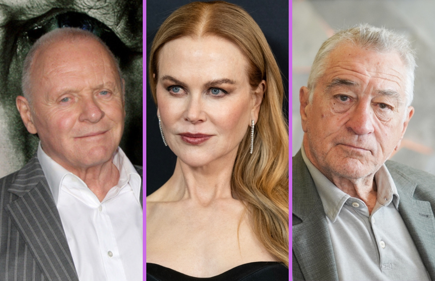 Zdjęcie trzech znanych aktorów: Anthony Hopkins, Nicole Kidman i Robert De Niro.