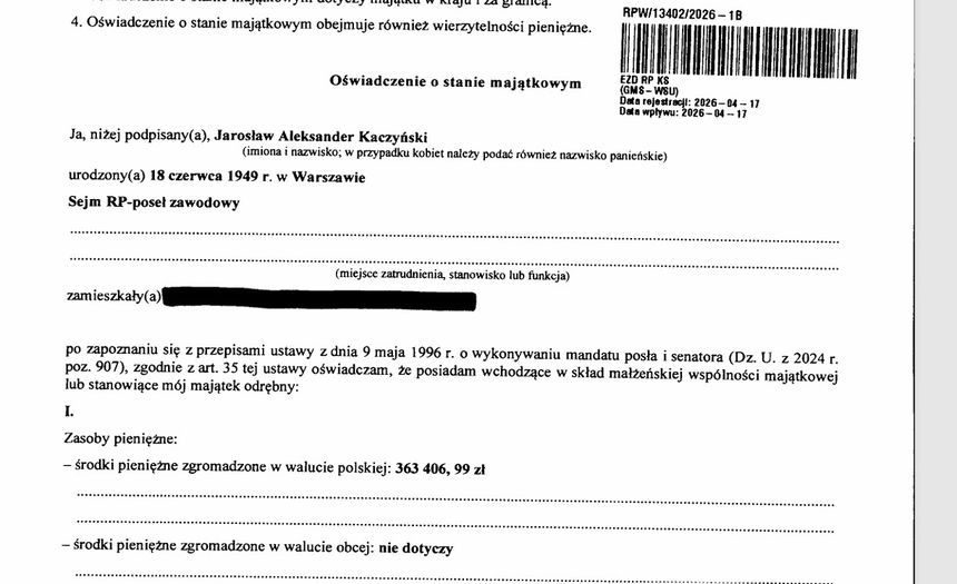 fragment oświadczenia majątkowego Jarosława Kaczyńskiego