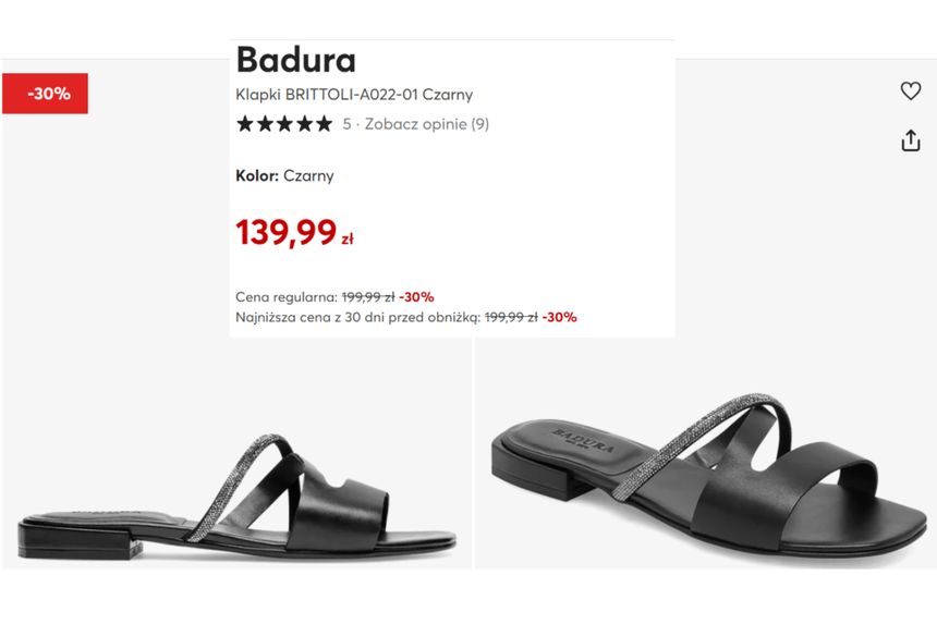 Czarne klapki na płaskiej podeszwie z ozdobnym paskiem, cena 139,99 zł po rabacie 30%.